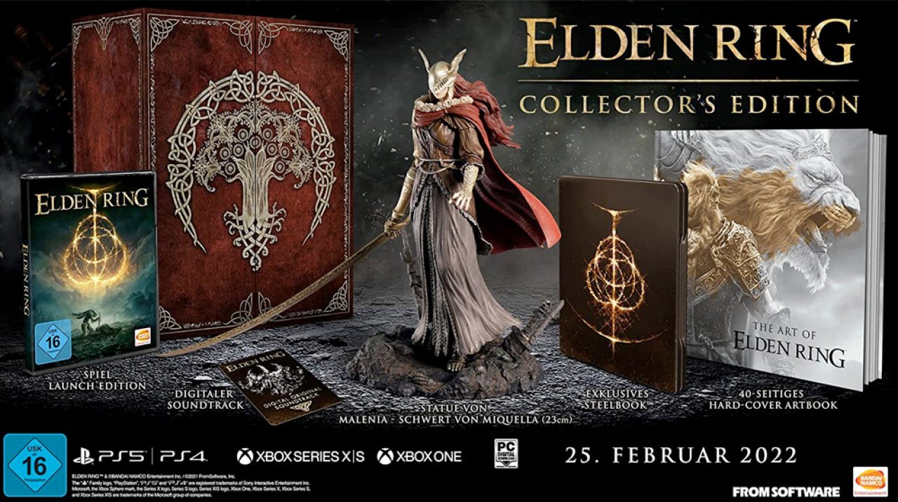 [10/02/2022] Die edle Elden Ring Collector's Edition beinhaltet neben dem Spiel auf Disc u.a. eine 23 cm Statue von Malenia mit dem Schwert von Miquella, ein exklusives SteelBook, ein 40-seitiges Hardcover Artbook, den digitalen Soundtrack, Poster, Art Cards, Sticker und Aufnäher.