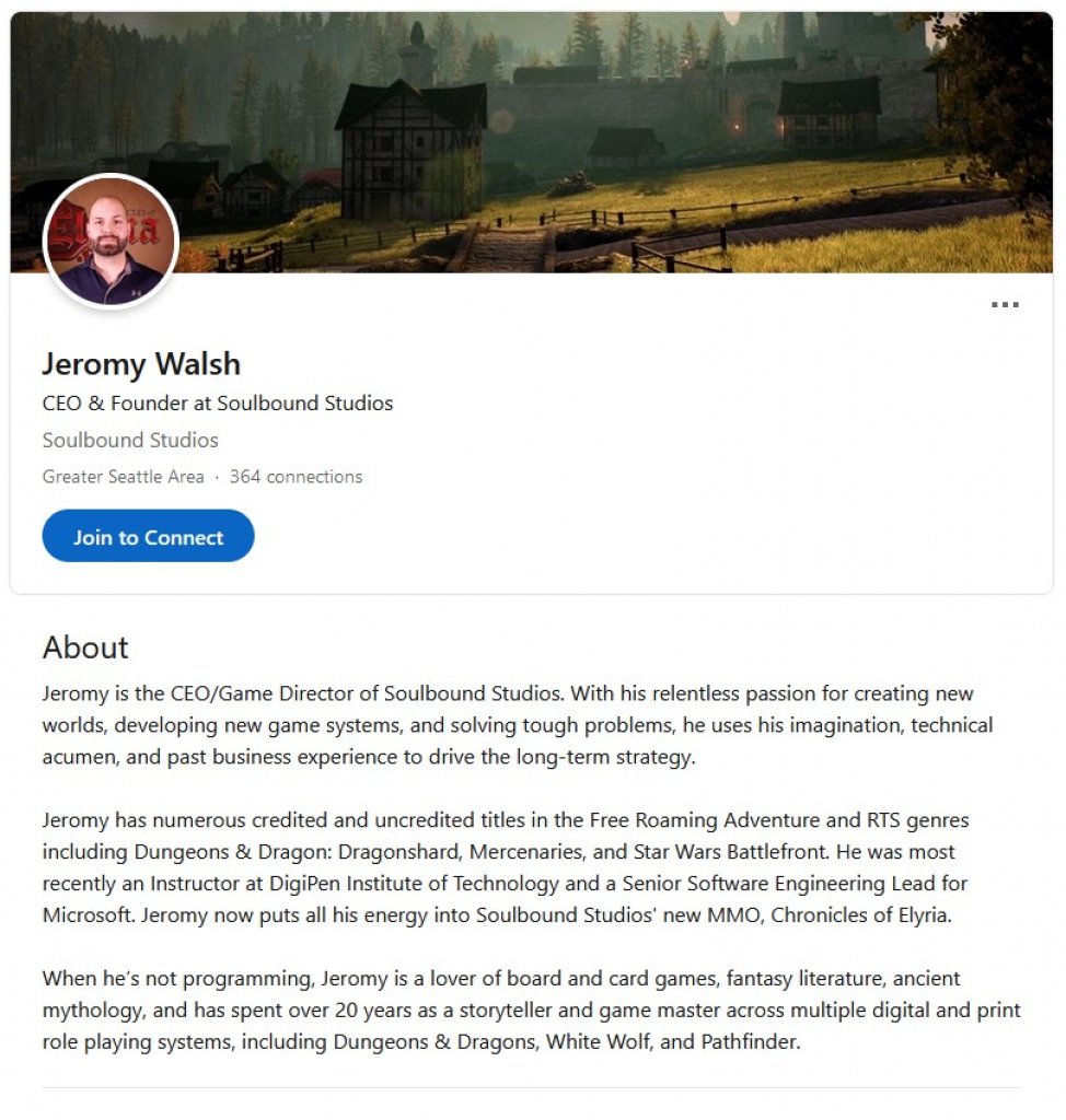 [11/03/2022] Wie man auf seiner Linked-in-Page entdeckt, ist Jeromy Walsh ein Tischrollenspiel-Liebhaber der ersten Stunde. CoE sollte sein Hobby zum Beruf machen.