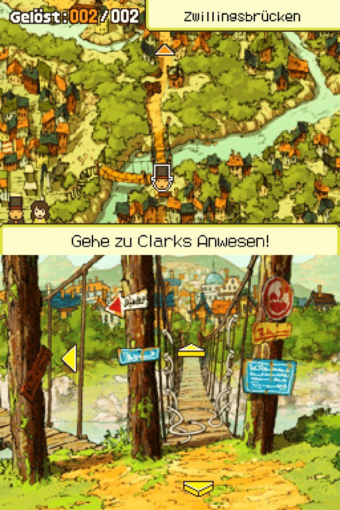 [25/04/2022] In den ersten vier Layton-Titeln bewegen wir uns mithilfe gelber Pfeiltasten von Hintergrundbild zu Hintergrundbild.&nbsp;Später wird diese Mechanik durch eine Karte ersetzt, auf der wir auch weitere Strecken zurücklegen können. &nbsp;