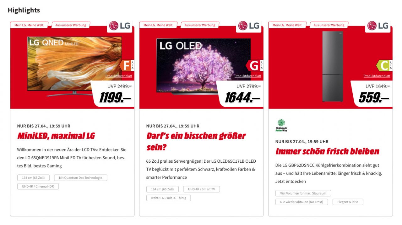 [21/04/2022] LG-Aktion bei MediaMarkt: Tolle Rabatte auf Fernseher, Audio, Haushalt und Computer