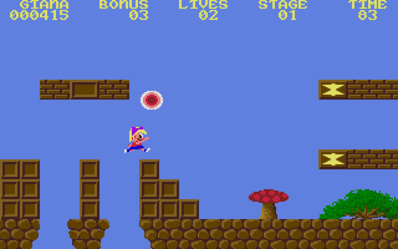 [31/05/2022] The Great Giana Sisters (hier ein Screenshot aus der Atari-ST-Fassung von 1988) entpuppt sich in vielerlei Hinsicht als Mario-Klon. Kein Wunder, dass Nintendo sowohl Entwickler Time Warp Productions als auch Publisher Rainbow Arts (beide aus Deutschland) mächtig Druck macht, das Spiel vom Markt zu nehmen.