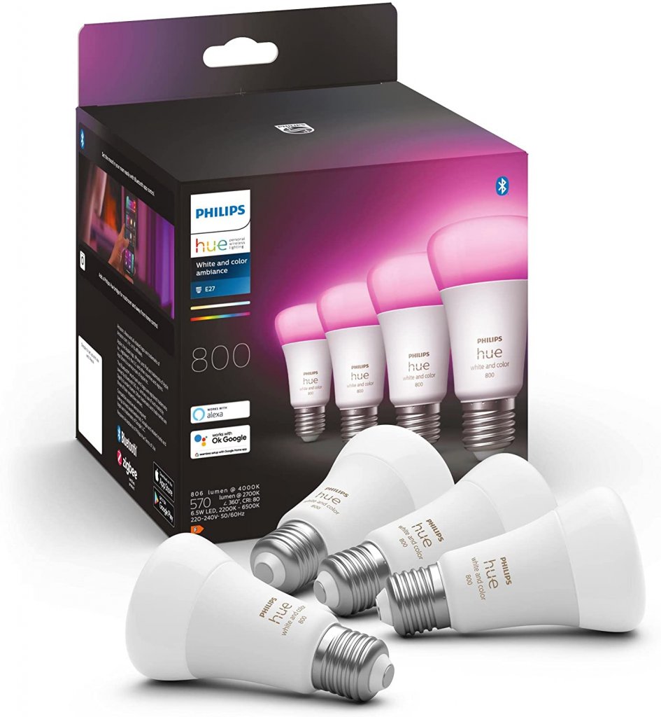 [30/05/2022] Das Philips Hue White & Col. Ambiance Starter Kit mit vier E27 LED-Lampen gibt es derzeit bei Amazon stark preisreduziert zu kaufen.