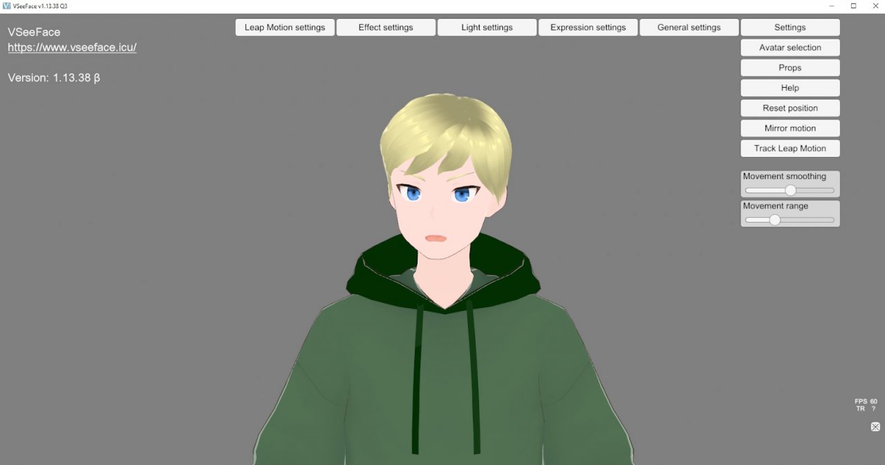 [24/05/2022] Das Interface von “VSeeFace” mit einem Beispielmodell &nbsp;