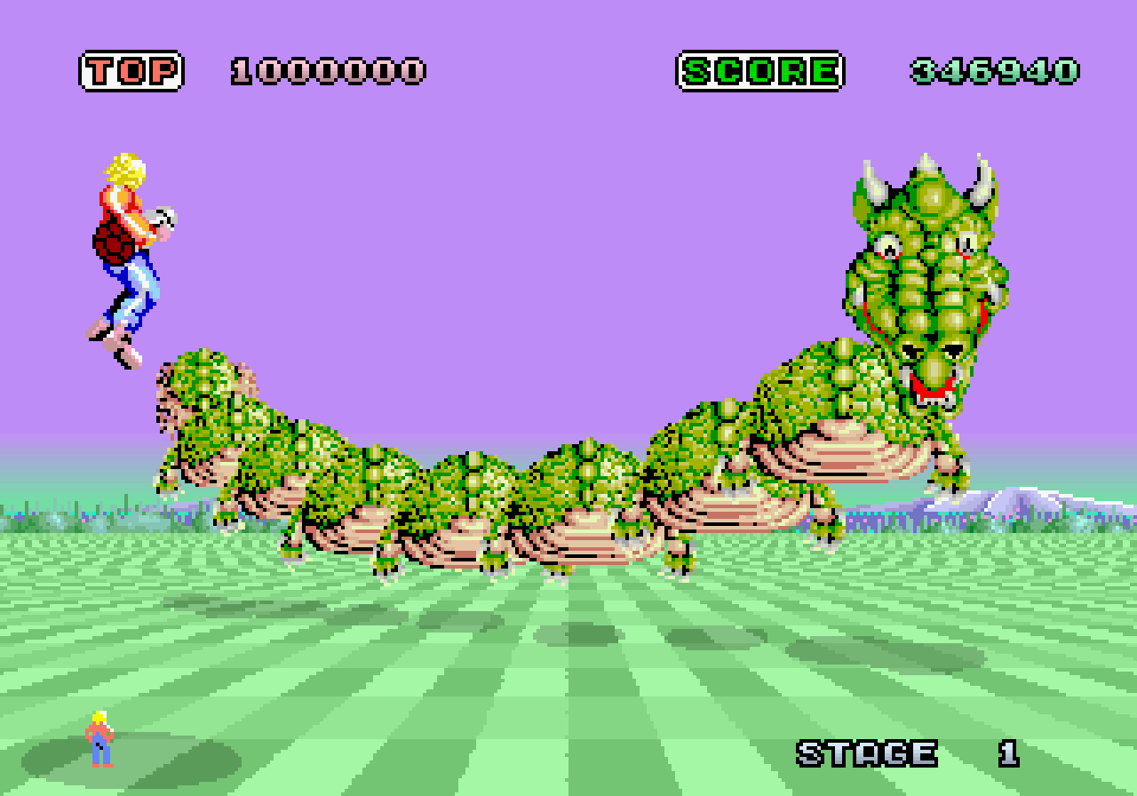 [28/06/2022] Space Harrier bot 18 Levels, von denen Suzuki zwei als Bonusabschnitte konzipierte. Hier im Bild: der fliegende Drache Squilla, Boss der ersten Welt. Wer den Klassiker nachholen will, kann dies unter anderem mit SEGA AGES Space Harrier für die Switch tun.