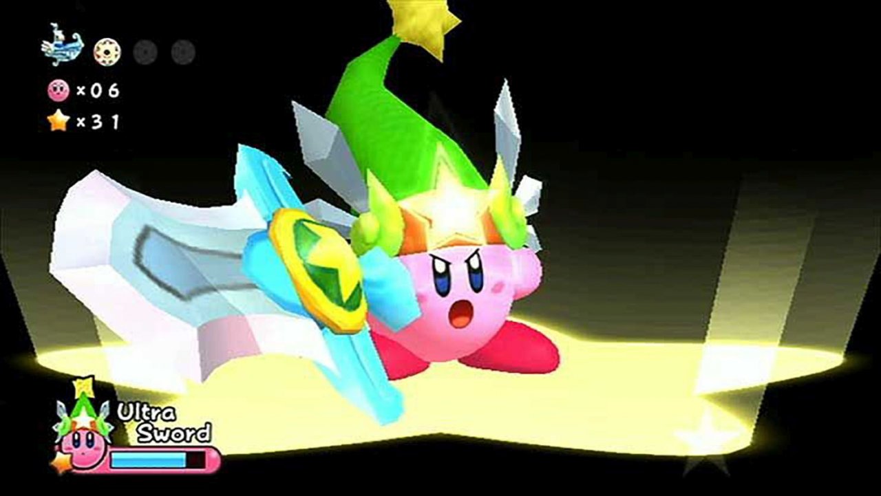 [08/06/2022] Return to Dream Land unterstützt nicht nur Verwandlungen – hier sehen wir etwa Schwert-Kirby – sondern auch einfaches Koop-Spielen.