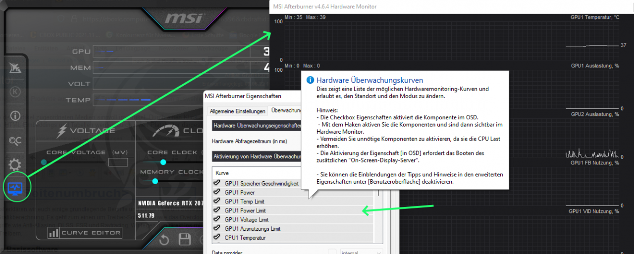 [03/06/2022] Mit einem Klick auf das Monitor-Symbol öffnet ihr die Kurven-Übersicht. Dort könnt ihr wiederum per Rechtsklick die Optionen aufrufen und darin etliche Werte aktivieren, die grafisch dargestellt werden sollen.