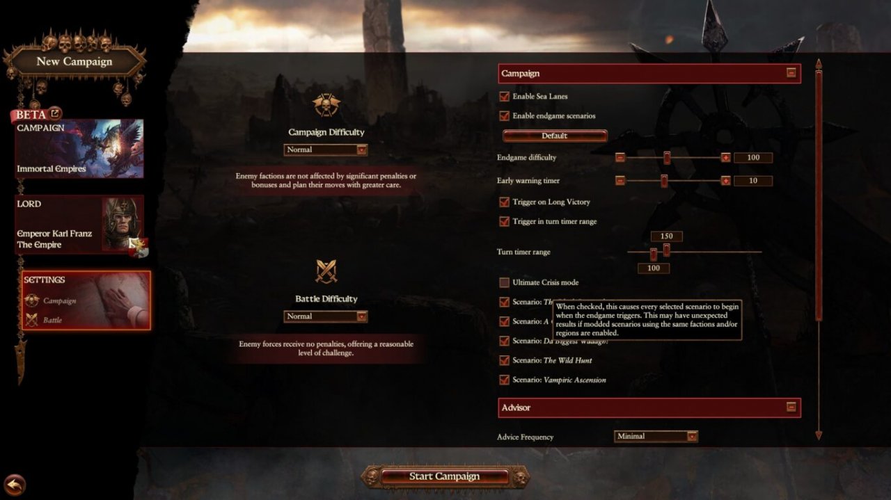 [13/09/2022] Bevor wir in eine - potenziell mehrere Dutzend Stunden andauernde - Kampagne starten, können wir jedes Detail einstellen. Neu in Immortal Empires sind die Endgame-Krisen, die eine zusätzliche Herausforderung bieten.