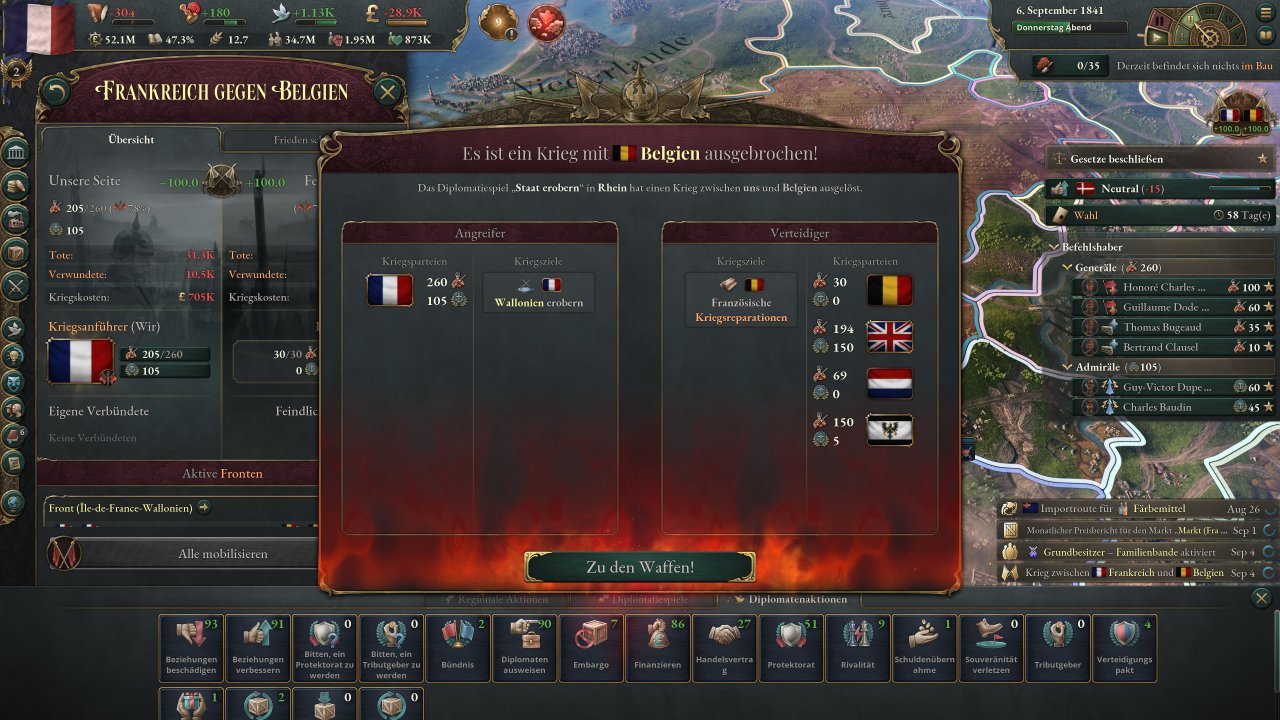 [24/10/2022] Nach der Vorbereitungsphase tritt dieser Krieg in die offene Konfrontation ein. Frankreich versucht das belgische Wallonien zu erobern, die Verteidiger wiederum haben sich mit Großbritannien, den Niederlanden und Preußen Verstärkung an die Seite geholt.