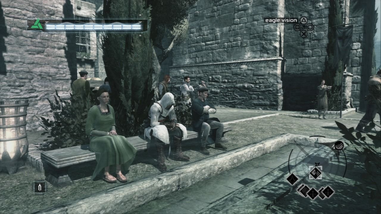 [04/11/2022] Kurze Pause: Auch dies ist eine Form des „Social Stealth“. Altaïr nimmt kurzerhand auf einer Bank zwischen zwei Zivilisten Platz und taucht so unter.&nbsp;