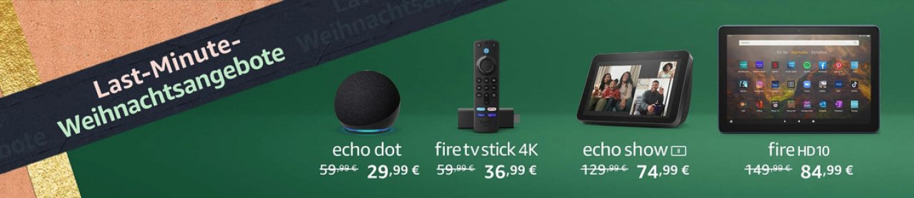 [16/12/2022] Bei den Last-Minute-Weihnachtsangeboten bei Amazon gibt es Geräte für Alexa und Prime Video wie den Echo Dot Smart Speaker oder den Fire TV Stick 4K mit Riesen-Rabatten zu kaufen.