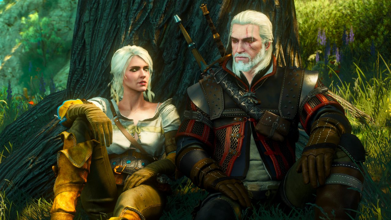 Ciri und Gerat aus The Witcher 3: Wild Hunt sitzen gemeinsam vor einem Baum