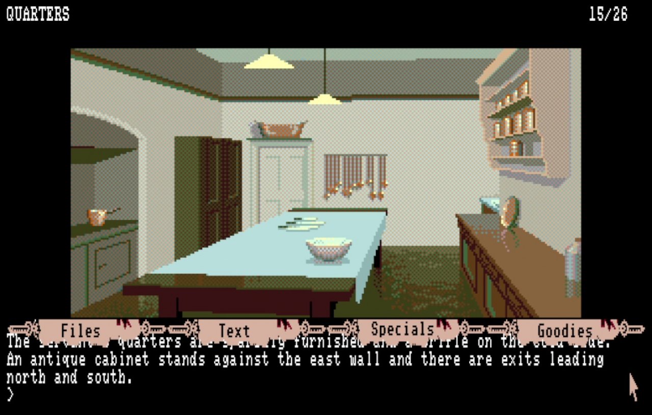 Wir lösen ein Rätsel in einer Küche in Guild of Thieves.