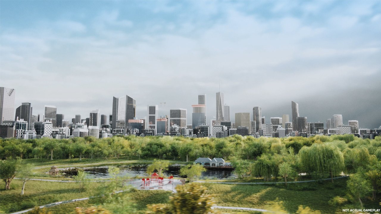 Aussicht auf eine Stadt im grünen aus dem trailer zu Cities: Skylines 2