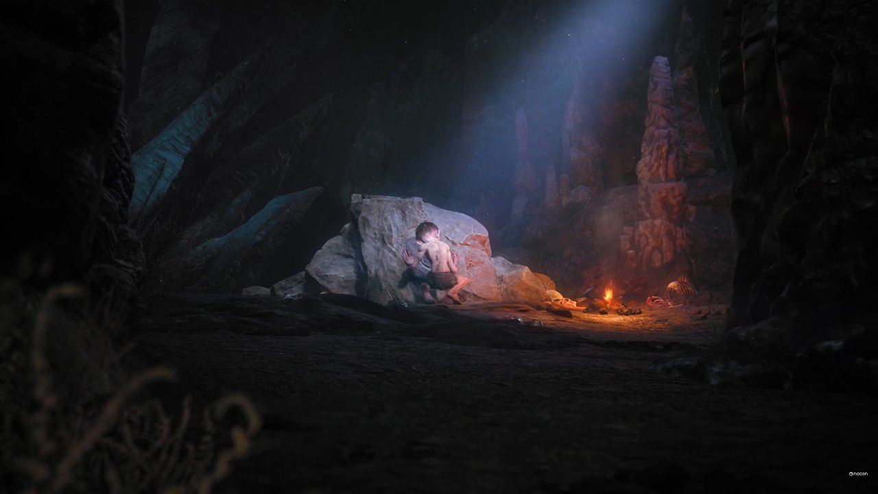 Die Tolkien-Ikone Gollum, der Protagonist des Spiels, hockt einsam und versteckt in einer dunklen Höhle.