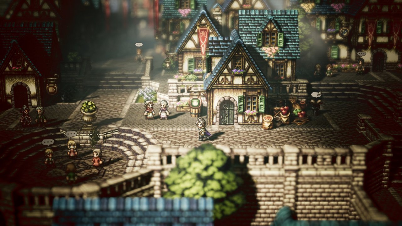 Octopath Traveler: Eine Nahaufnahme einer idyllischen Mittelalterstadt.