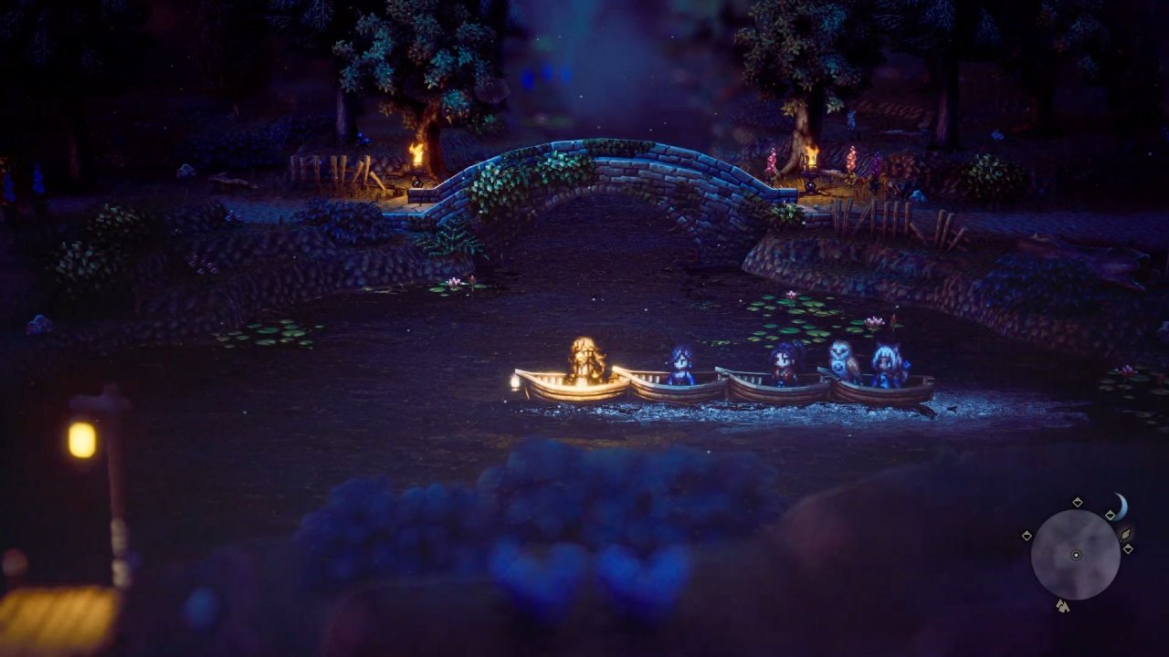 Octopath Traveler 2: Mehrere Ruderboote fahren nachts über einen See.