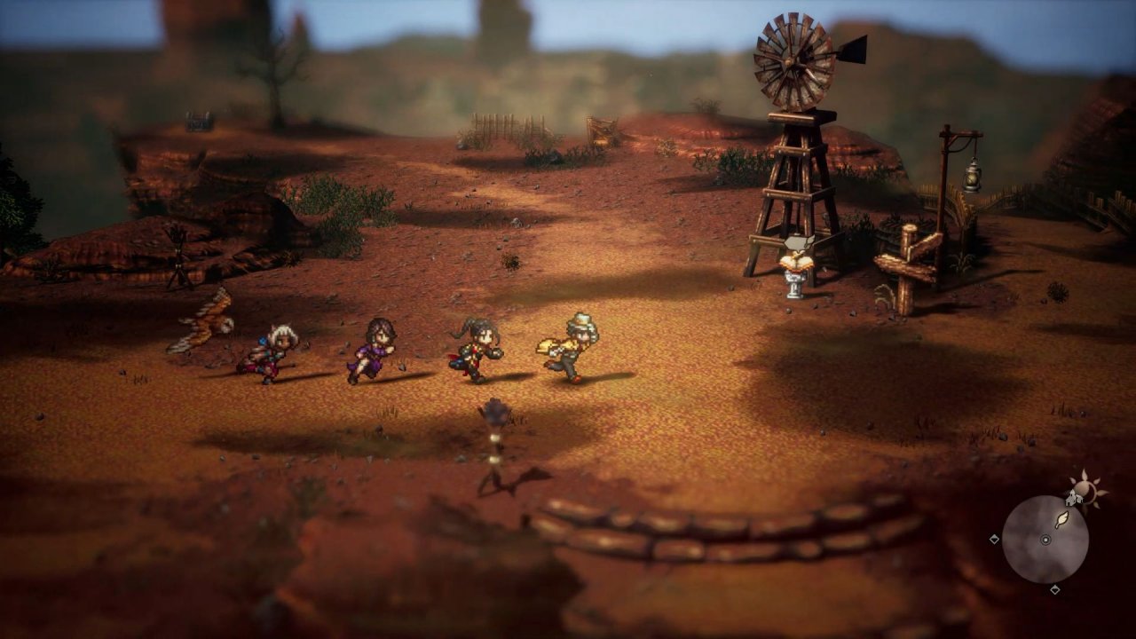 Octopath Traveler 2: Die Heldengruppe läuft durch eine Wild-West-Szenerie.