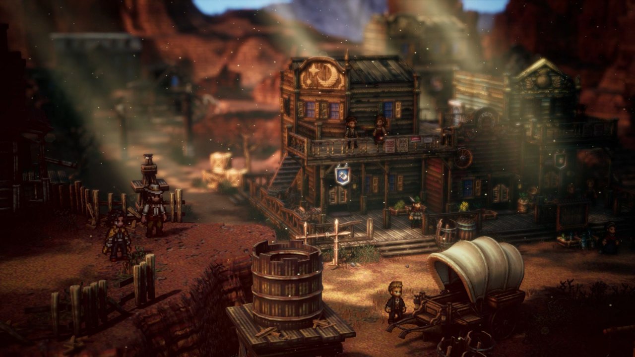 Octopath Traveler 2: Zwei Charaktere überblicken eine verstaubte Western-Stadt.