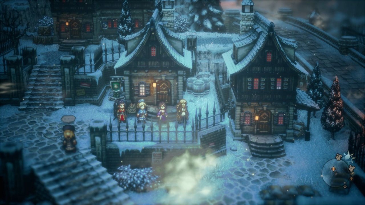 Octopath Traveler 2: Die Spielergruppe steht in einem verschneiten Dorf.