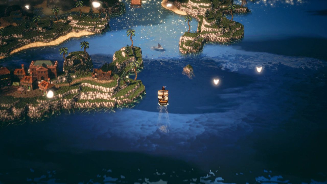 Octopath Traveler 2: Die Helden reisen per Segelschiff auf einer Art Weltkarte.