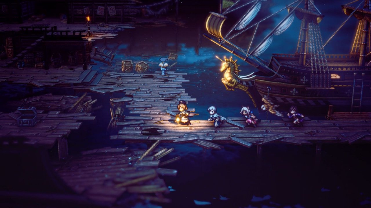 Octopath Traveler 2: Die Spielerfiguren laufen über einen Pier bei Nacht.