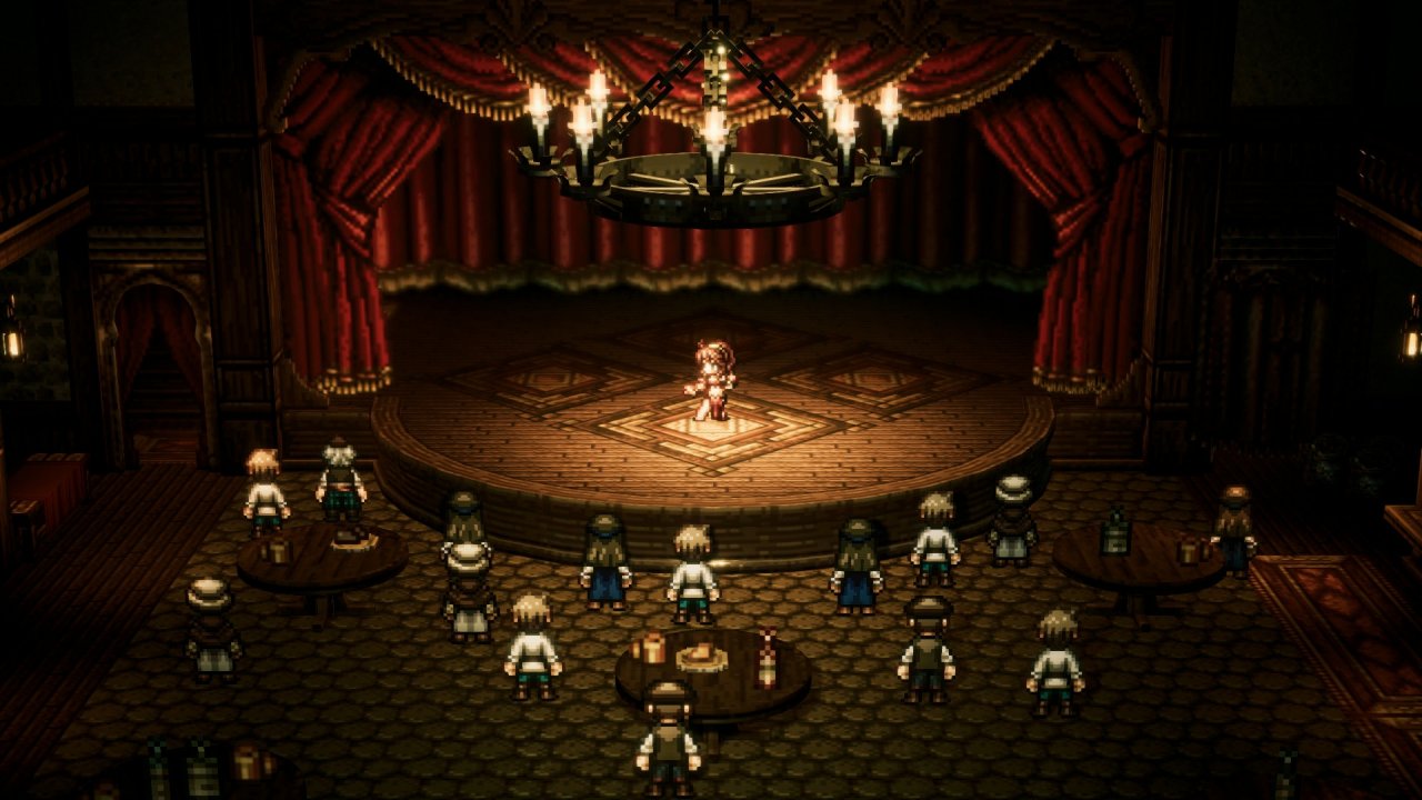 Octopath Traveler: Mehrere Figuren beobachten eine Tanzaufführung.