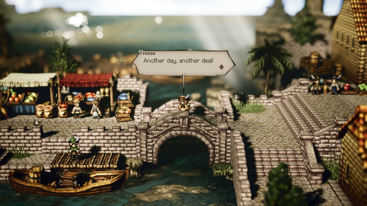 Octopath Traveler: Ein Händler preist seine Waren auf einem Markt am Hafen an.