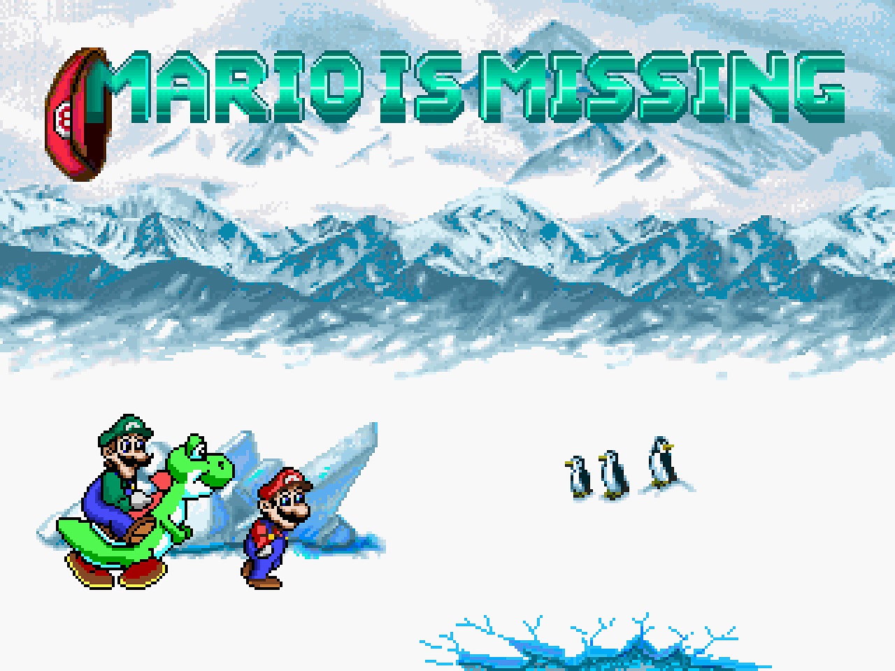 Titelbild des Spiels Mario is Missing mit Yoshi, Mario und Luigi im Schnee