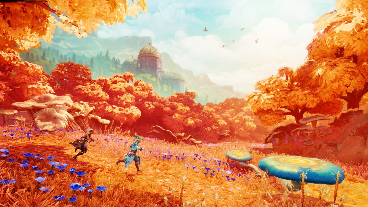 Eine Diebin und ein Magier in einer orangen Herbstlandschaft.