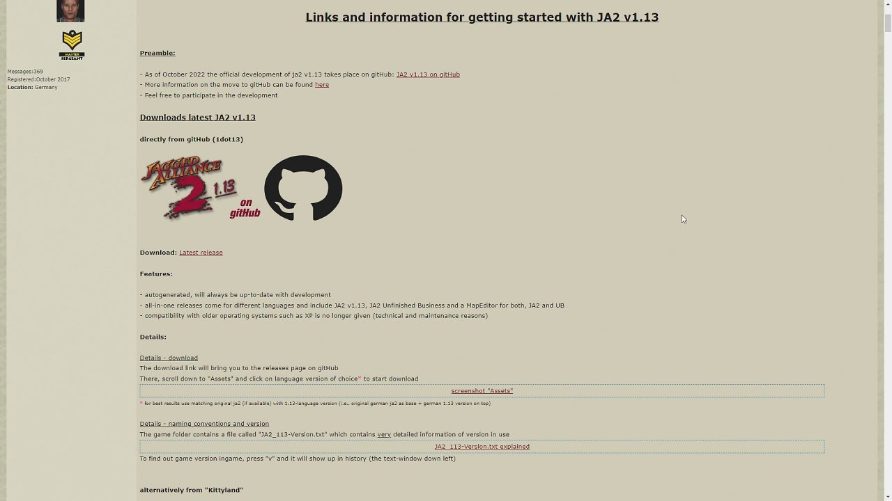 Ein Screenshot eines Fanforums mit Informationen zu Jagged Alliance 2 Version 1.13.