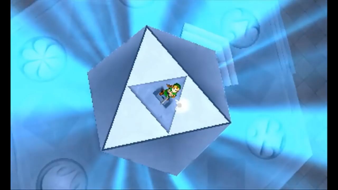 Link steht auf einer Fläche in Form eines Triforce in Zelda: Ocarina of Time