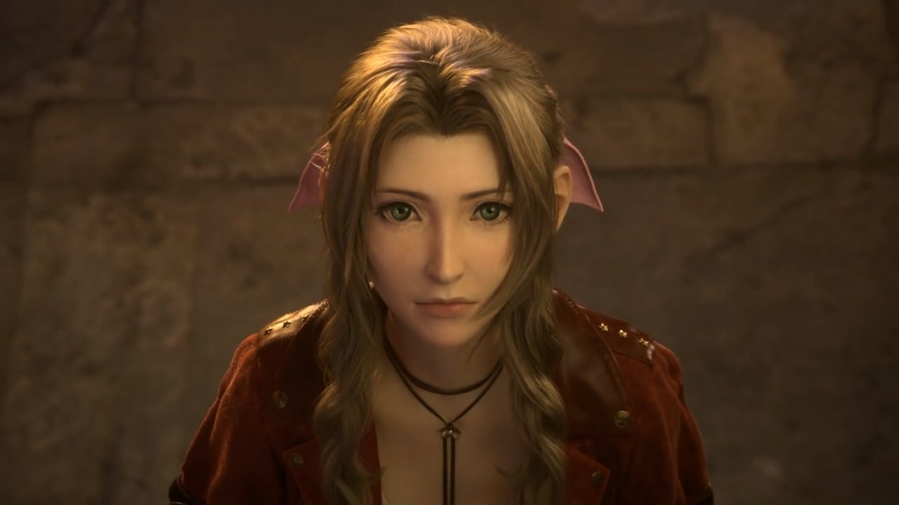 Aerith aus Final Fantasy 7 Remake blickt in die Kamera