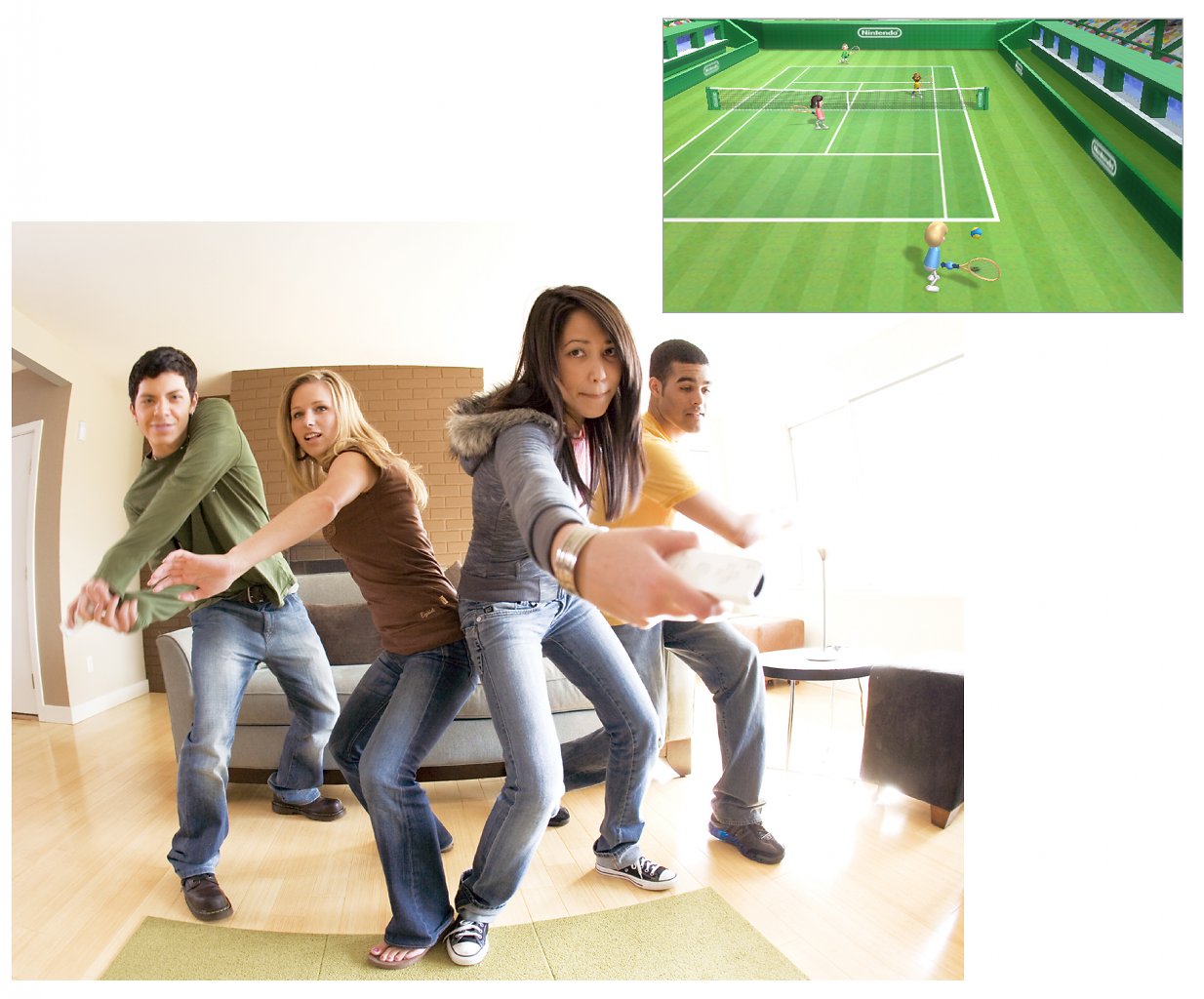 Menschen aller Altersgruppen finden mit Wii Sports vor dem Bildschirm zusammen.