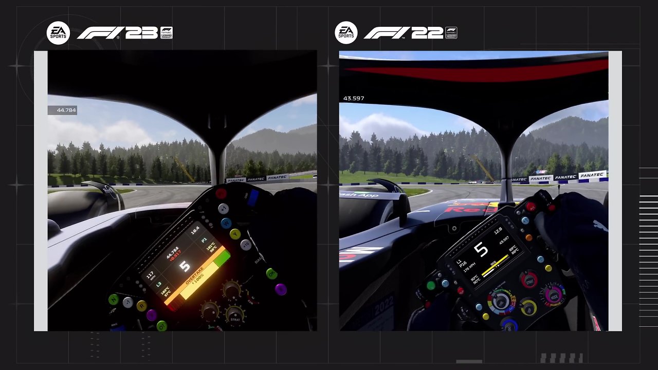 Ein Vergleichsbild, das die Cockpit-Unterschiede zwischen F1 22 und F1 23 zeigt.