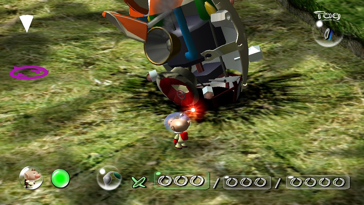Olimar steht neben seiner abgestürzten Rakete.