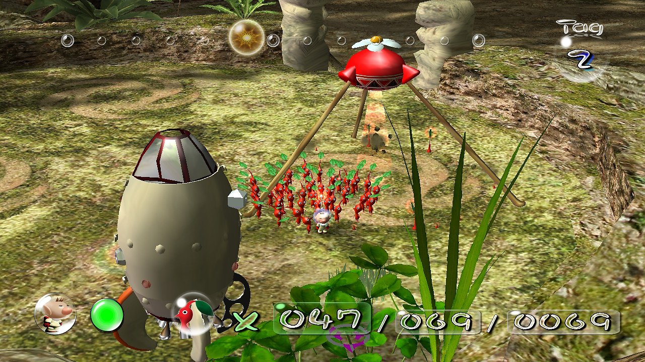 Olimar und seine rote Pikmin stehen vor der roten Zwiebel.