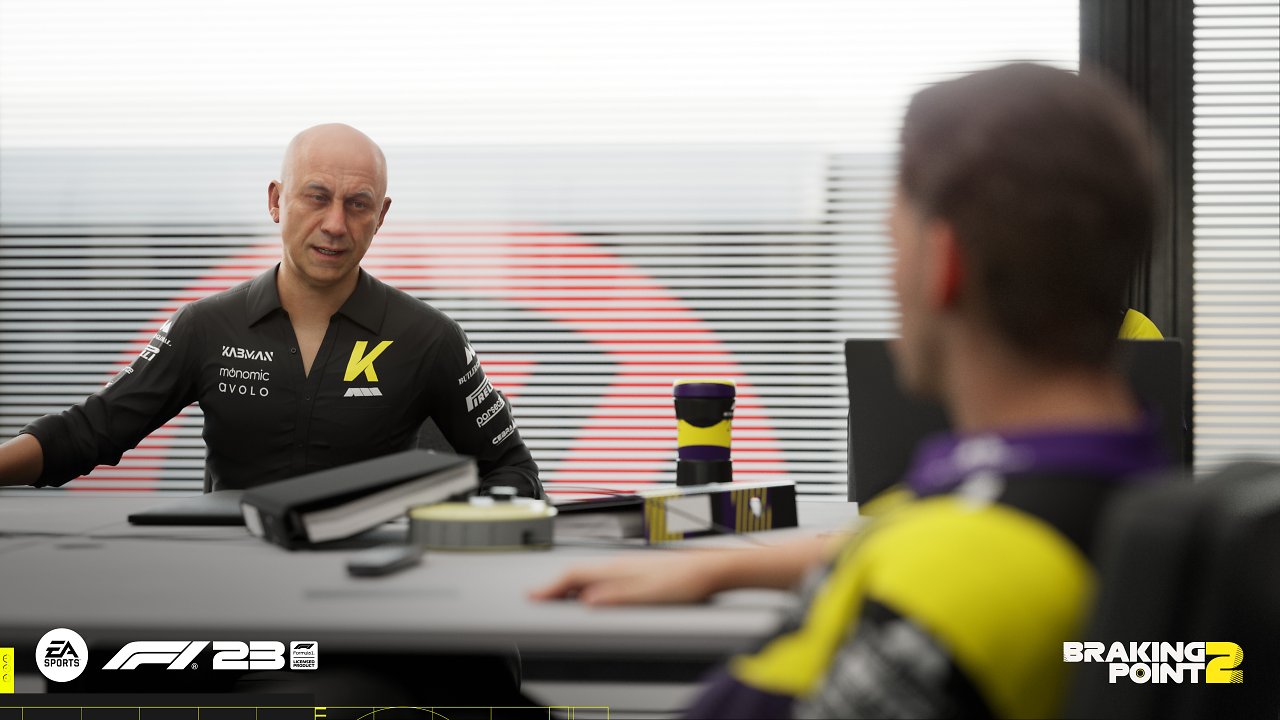 Szenen aus Braking Point 2, die den fiktiven Teamchef des Teams Konnersport Racing zeigen und unseren Rivalen und Kollegen, Devon Butler.