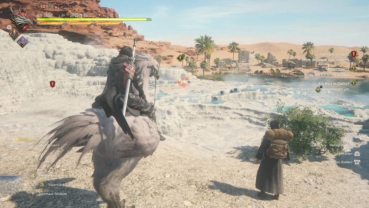 Clive sitzt auf einem Chocobo.