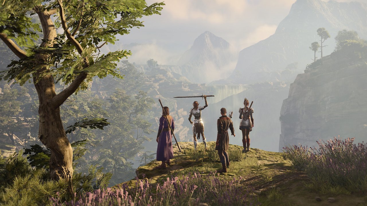 Eine Gruppe aus vier Helden steht an einer Klippe und schaut in die Ferne.