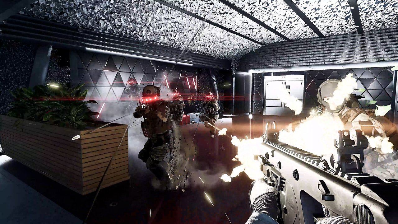 Der Spieler schießt mit einer Maschinenpistole auf Soldaten mit roten Helmlichtern.