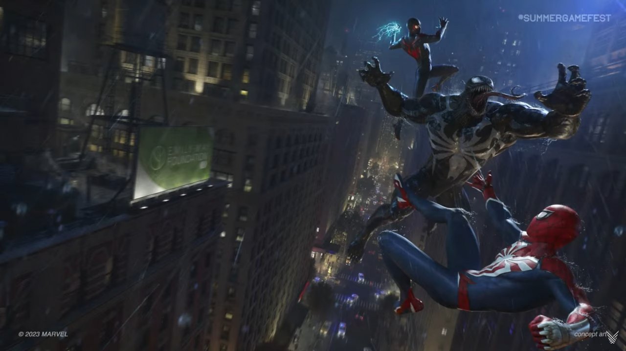 Venom, Peter Parker und Miles Morales kämpfen über den Dächern von New York
