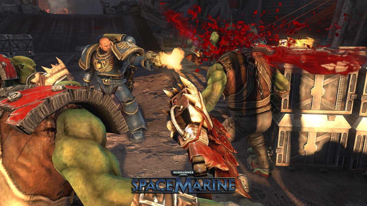 Space Marine kämpft gegen Orks.