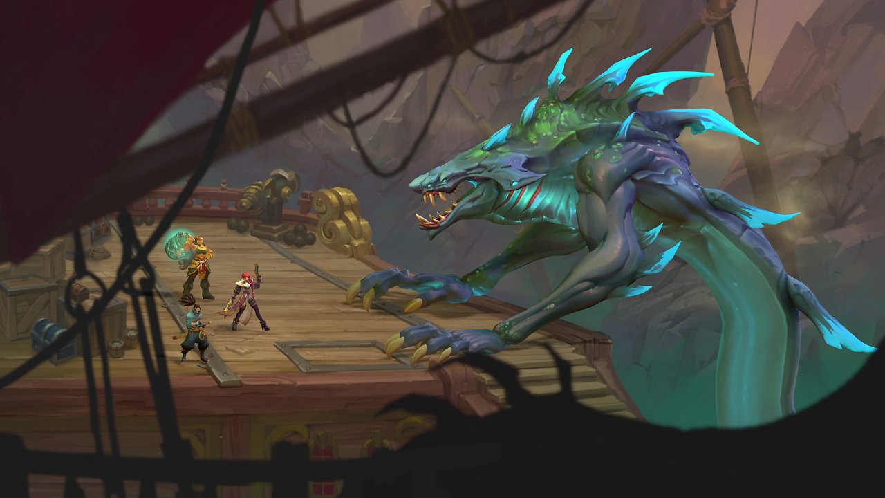 Miss Fortune und ihre Begleiter kämpfen gegen ein Seemonster.
