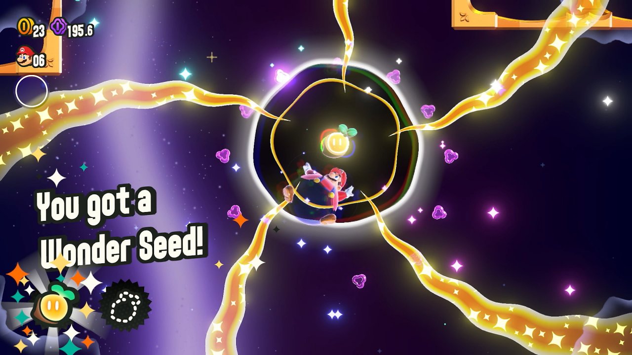 Mario sammelt einen Wonder Seed.