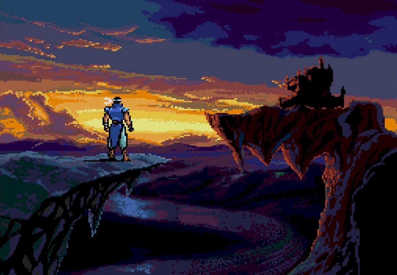 Der klassische End-Screen eines Castlevania-Spiels: Richter blickt nach dem Sieg über Dracula auf die Schlossruine.