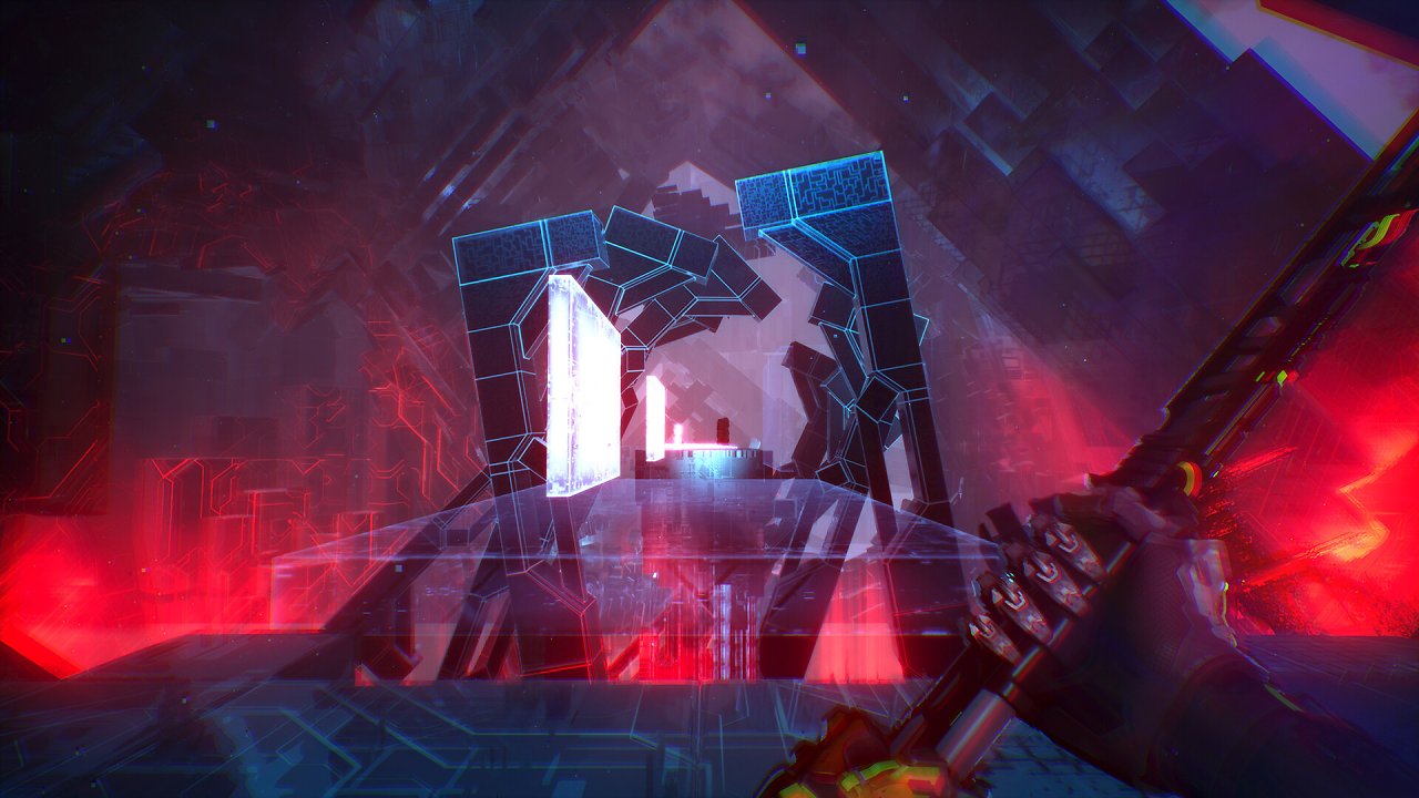 Der Ghostrunner läuft durch ein verdrehtes Tor im Cybervoid.
