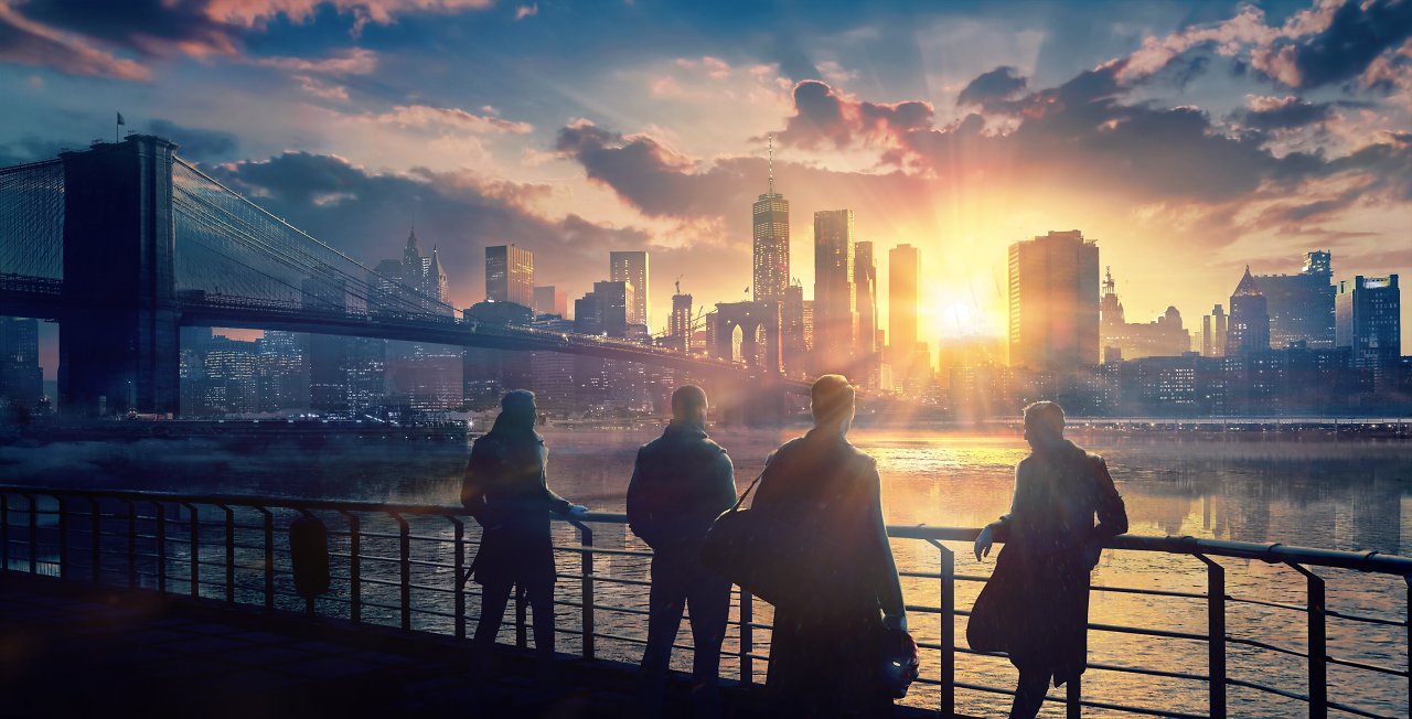 Vier Charaktere stehen bei Sonnenuntergang vor der Skyline einer Stadt