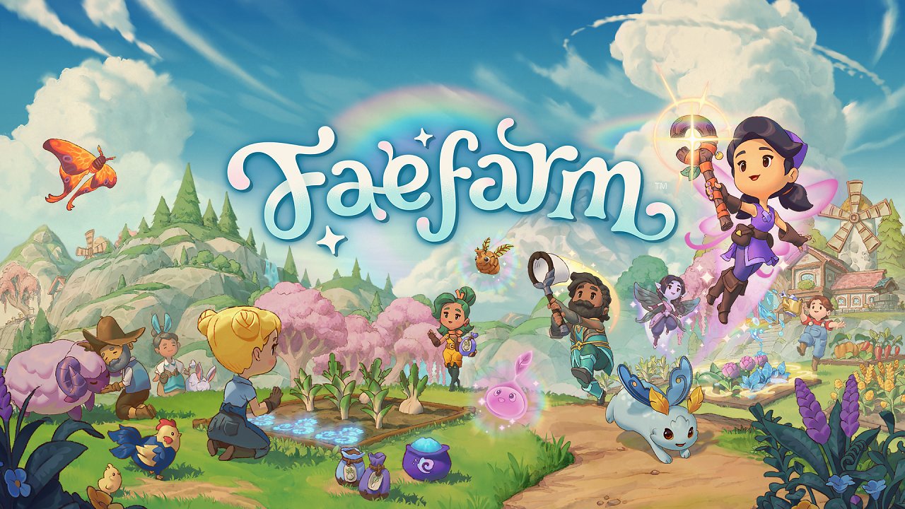 Das offizielle Artwork von Faefarm mit einer Fee, Tieren, Bewohnern und Farminhalten.