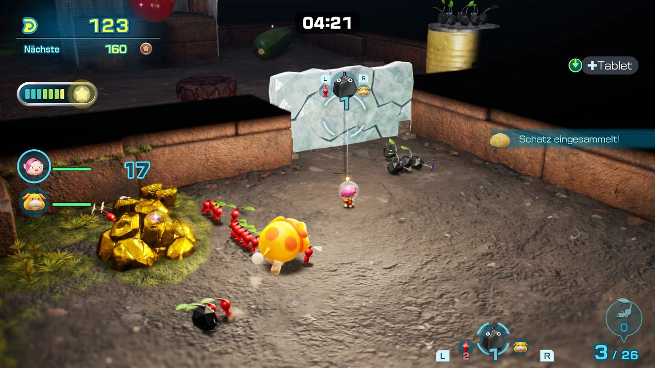 [11/09/2023] Felsen-Versuchsanlage: Die roten Pikmin sollen sich auf das Gold konzentrieren, die Stein-Pikmin benötigt ihr erstmal, um die Glaswand zu entfernen.