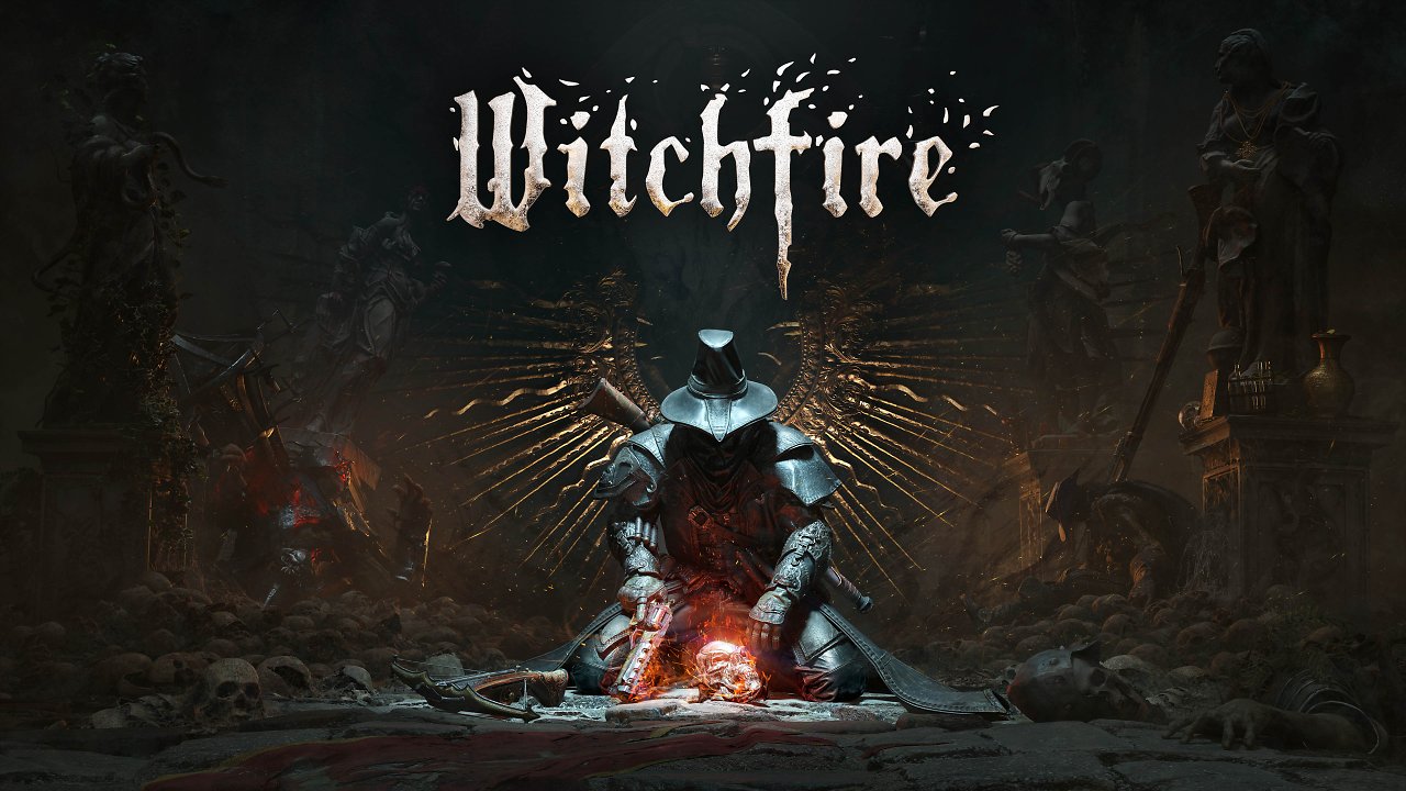 Die Keywork-Art von Witchfire. Der Preyer sitzt vor einem mit Witchfire glühendem Totenkopf mit gesenktem Kopf auf dem Boden mit seinem Revolver in der Hand.